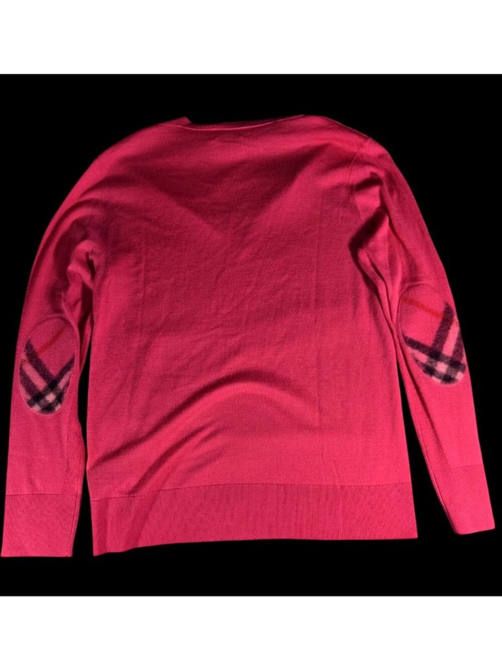 NWT Burberry Womens Bright Pink Cashmere Elbow Patch Check V Neck Sweater Sz M - Picture 7 of 7